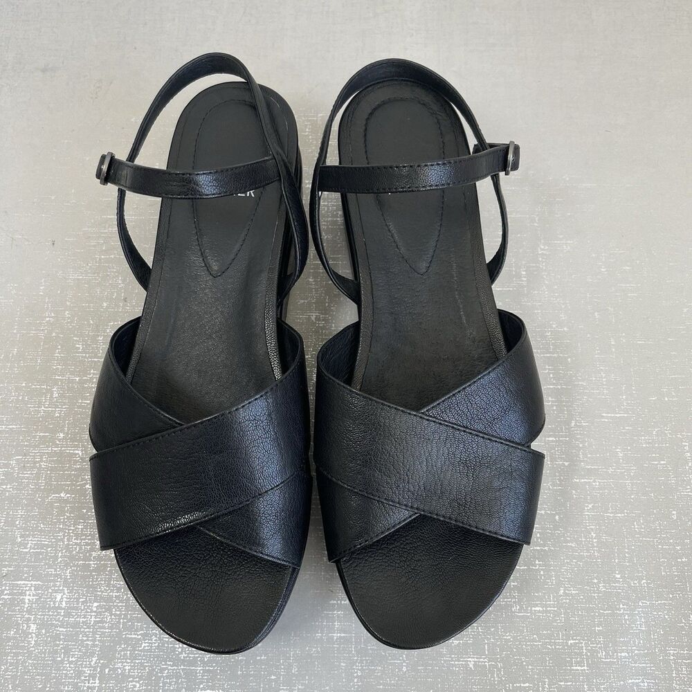 Eileen Fisher Juno Black Leather Platform Sandals 9.5 Ankle Straps Minimalist - Picture 3 of 12